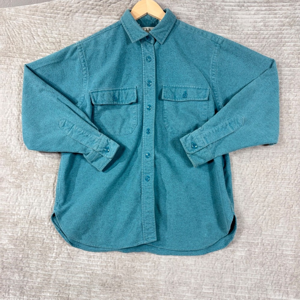 Vintage LL Bean Chamois Cloth Shirt Womens 14 Teal Blue Cotton Made in USA Q-932